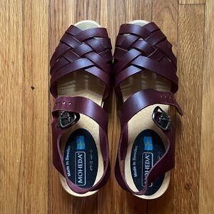 “Betty” Oxblood Woven Leather and wood peep toe clog sandal